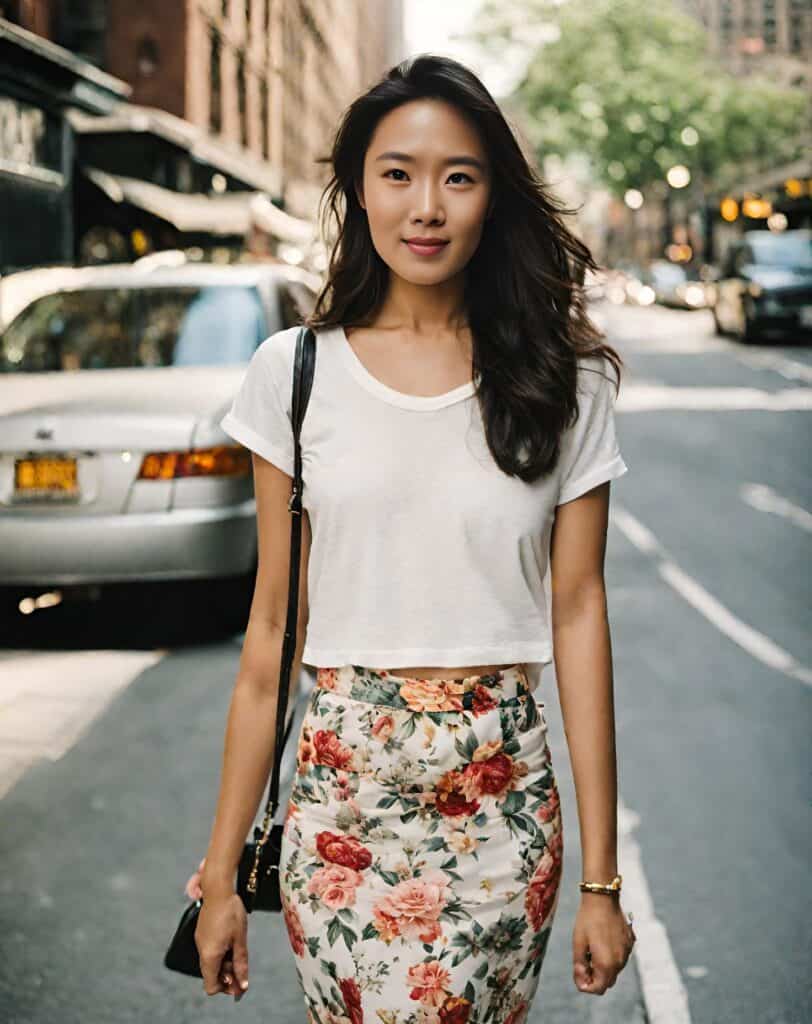 <p>Another way to make a bold statement when wearing a classic white t-shirt is to pair with a patterned skirt. Whether it is striped or floral, patterns on your skirt will add more personality to your outfit. There’s a lot more visual interest.</p>