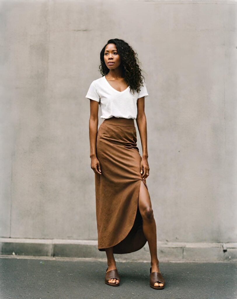 <p>A <a href="https://blog.petitedressing.com/maxi-skirts/" title="">maxi skirt</a> with a long slit is a dramatic look that looks stunning on a white t-shirt. Overall, you have a captivating silhouette that’s great for special occasions.</p>