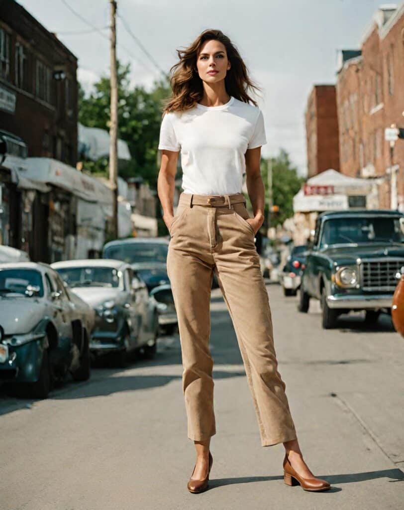 <p>Corduroy pants have that vintage feel that will work nicely when teamed with a white t-shirt. So, you have that lovely texture that creates a cozy look while the white t-shirt complements with a neutral tone.</p>