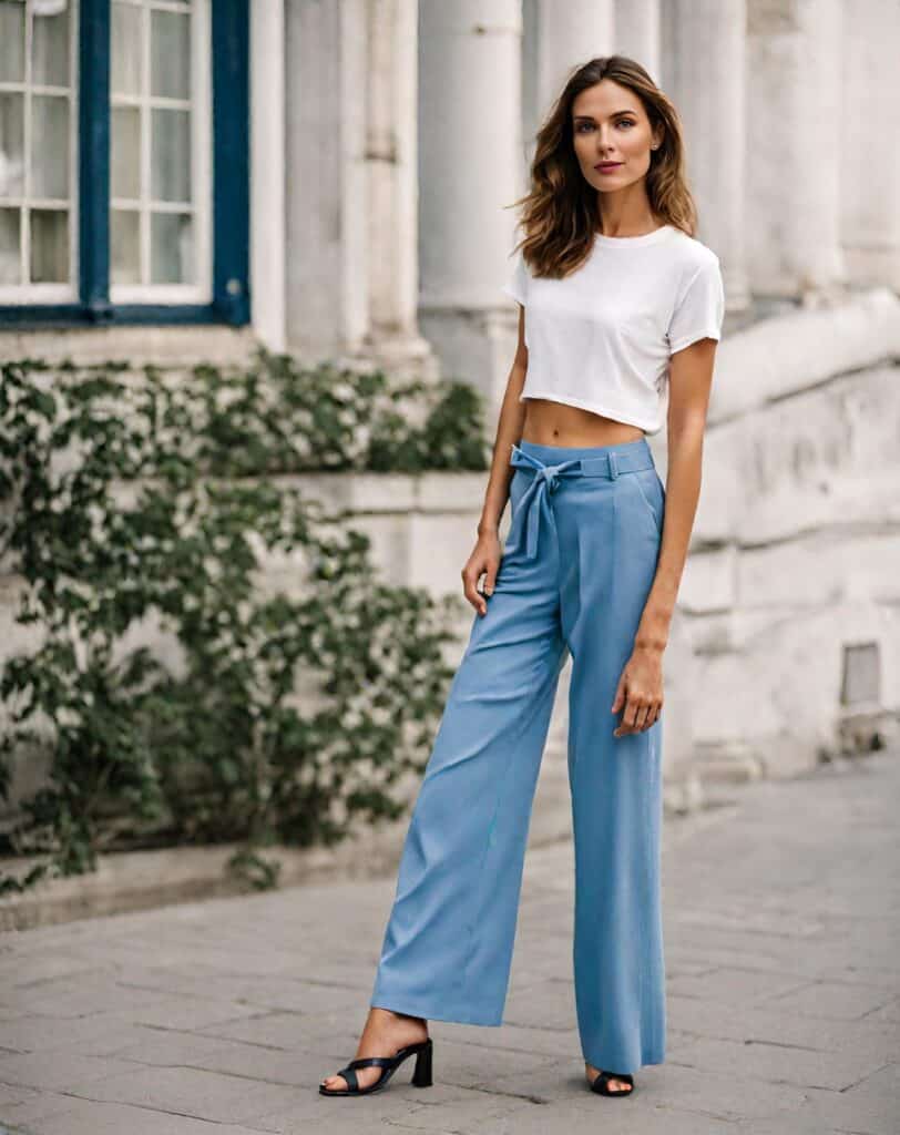 <p><a href="https://blog.petitedressing.com/wide-leg-pants-outfits/" title="">Wide leg trousers</a> offer both comfort and style. With a white t-shirt, you know you’re in for a relaxed fit that creates a lovely silhouette on your body. You can choose to wrap up this look nicely with a pair of heels that adds an extraordinary touch of elegance.</p>