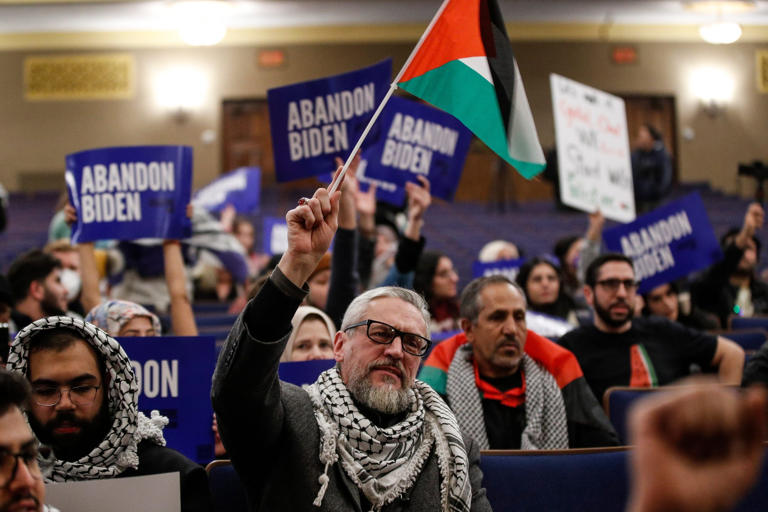 Protesters in Dearborn, Mich., on Jan. 31, 2024, call for a cease-fire in the Gaza Strip.