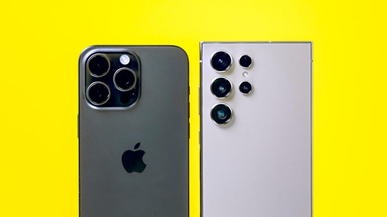 The iPhone 15 Pro Max (left) and the Galaxy S24 Ultra