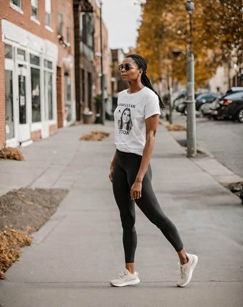 <p>Go for casual comfort by wearing <a href="https://blog.petitedressing.com/what-to-wear-with-leggings/" title="">leggings</a> on your white t-shirt. This stays fitted on your body, which is a huge opportunity to show off those amazing curves. Meanwhile, you can layer with an oversized sweater for an extra dose of style and warmth.</p>