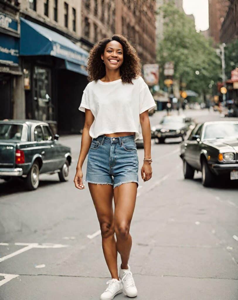 <p>Embrace a cooler vibe with classic denim shorts on your white t-shirt. This is an effortless way to style your look for warm weather. This chic aesthetic is a stunner always.</p>