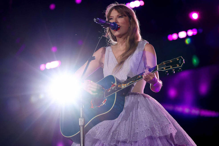 Graham Denholm/TAS24/Getty Taylor Swift performs at Melbourne Cricket Ground in February 2024 in Melbourne, Australia