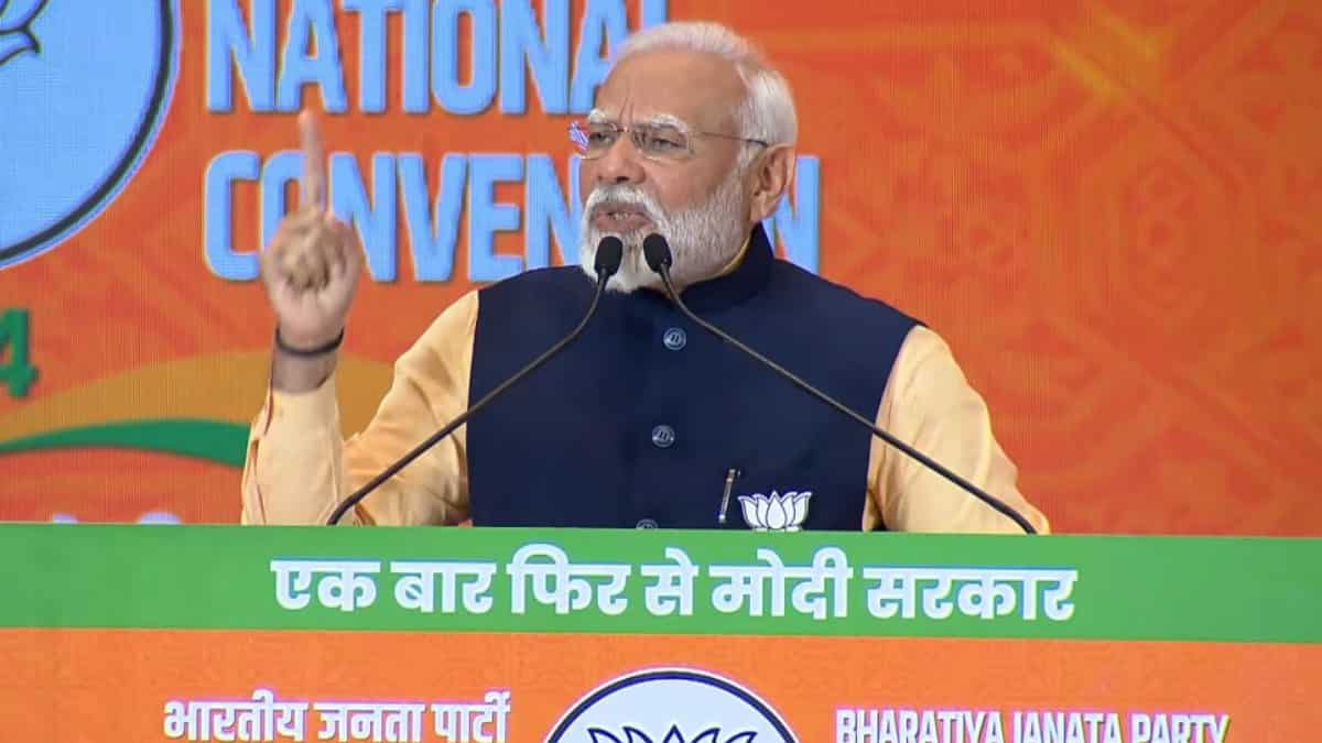 at bjp national convention, pm modi says, ‘oppn also raising slogan of nda winning over 400 seats’