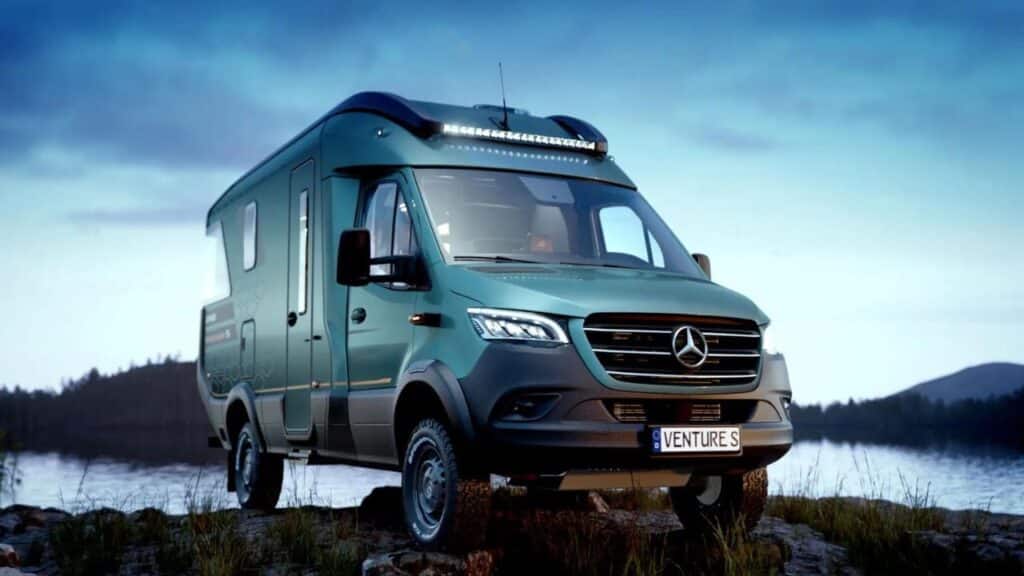 <p>Built on a Mercedes-Benz Sprinter chassis, the <a href="https://www.hymer.com/de/en/technology-innovation/vision-venture" rel="noopener">Hymer Vision Future</a> is a camper van available for sale in Germany. Even though it was launched in 2020, it still looks futuristic. The design won a bunch of automotive awards in Europe for innovation. It comes with off-road tires, a custom lift kit, a luxurious wet bath, a modern kitchen area, and two cushy benches that turn into a bed.</p><p>This rig definitely stands out. At the back, there’s a custom-made fold-down tailgate that acts as a decking area where to chill and eat. On the roof, there’s a huge inflatable pop-top, which can sleep up to three adults. The temperature-regulating Chromacool technology can reduce the surface temperature of the van by 68 degrees and that of the interior by up to 40 degrees. It’s safe to say you’ll be cozy anywhere, in any season, on the Vision Venture.</p>