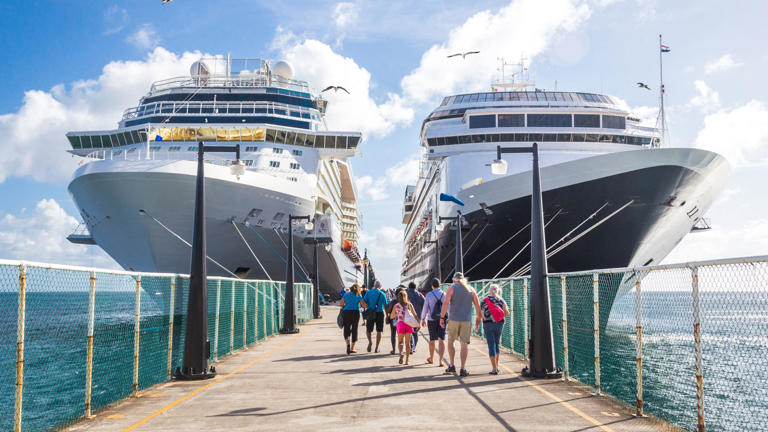 Two cruise ships on either side of dock