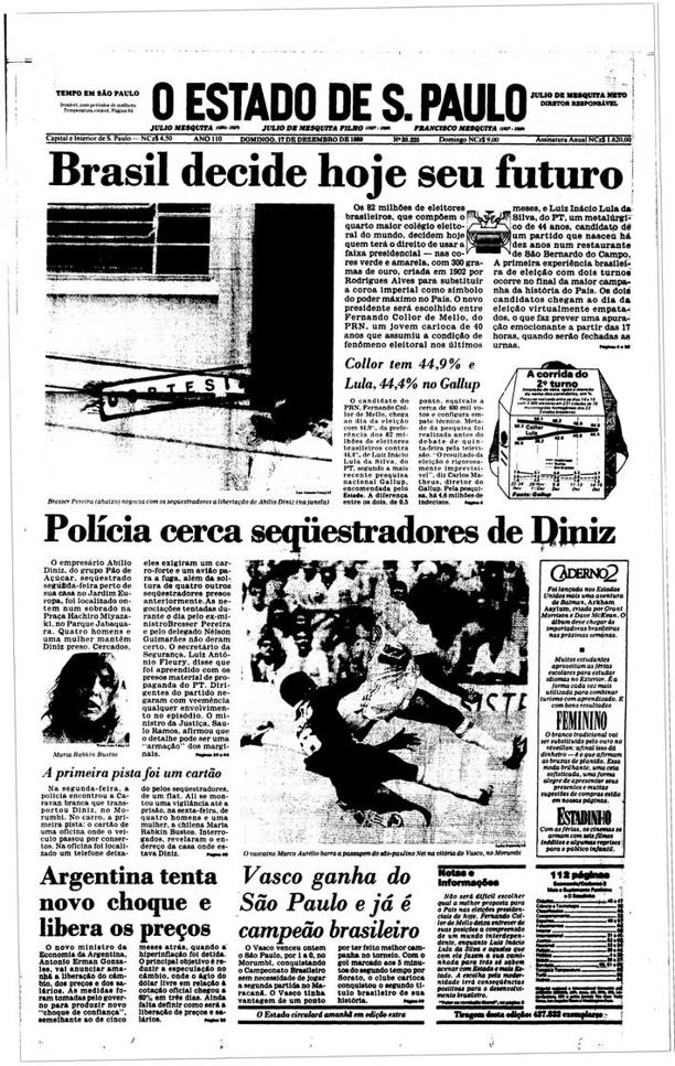 Reprodução da capa do jornal O Estado de S. Paulo do dia 17 de dezembro de 1989, que traz em uma de suas manchetes "Polícia cerca sequestradores de Diniz", reportagem sobre o sequestro do empresário Abílio Diniz. Foto: Acervo/Estadão