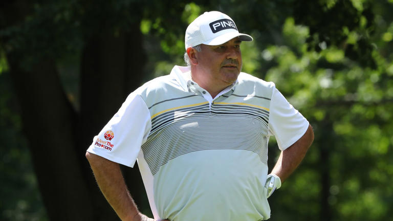 Angel Cabrera watches his shot during the 2020 Ally Challenge.
