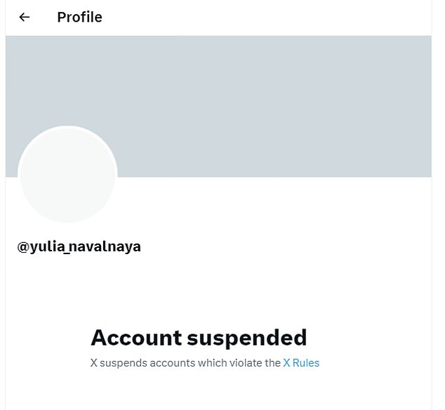 x suspends account of alexei navalny's widow yulia navalnaya 'for violating rules'... before reinstating it 45 minutes later - a day after she set it up and accused putin of killing her husband