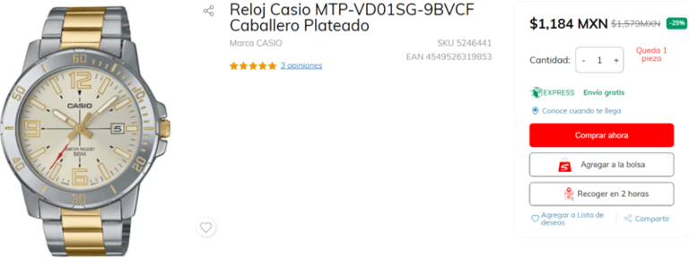 Reloj Casio MTP-VD01SG-9BVCF Caballero Plateado