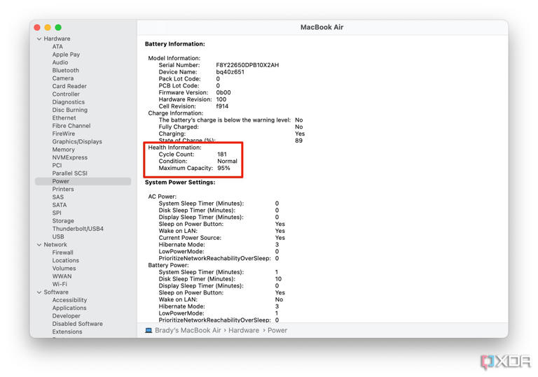 macOS battery health info displayed in the System Report.