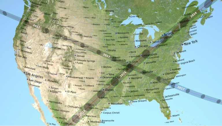 This map shows the path of the 2017 total solar eclipse, crossing from Oregon to South Carolina, and the 2024 total solar eclipse, crossing from Mexico into Texas, up to Maine and exiting over Canada.