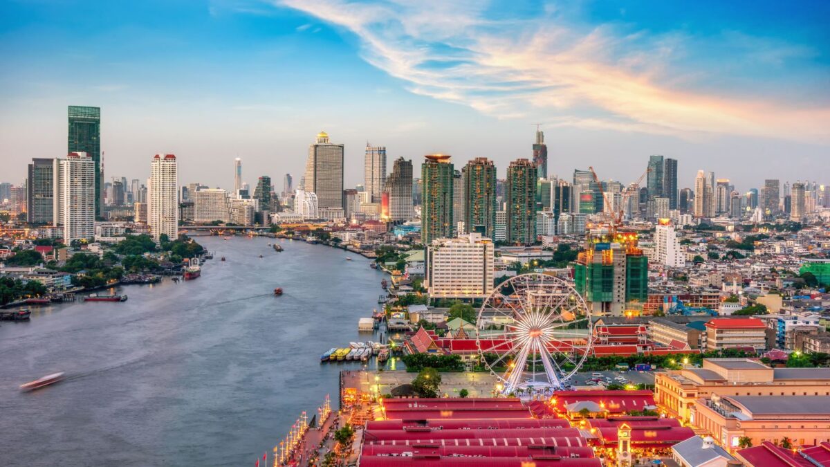 <p>Bangkok’s skyline is a bustling mix of traditional temples and modern skyscrapers, reflecting the city’s dynamic growth and its deep-rooted cultural heritage. </p><p>The Chao Phraya River adds a fluid, ever-changing perspective to this vibrant urban landscape.</p>