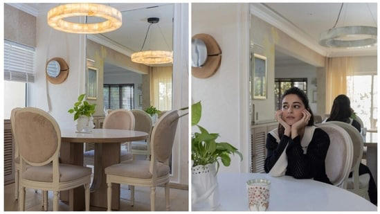 The dining area is Ananya Panday's favourite spot to host family and friends. Big windows, wall mirrors and indoor plants create a sense of airiness in the space and is in line with the actor's affinity for a minimal aesthetic with few standout pieces – the circular light fixture hanging above the dining table, for instance. 