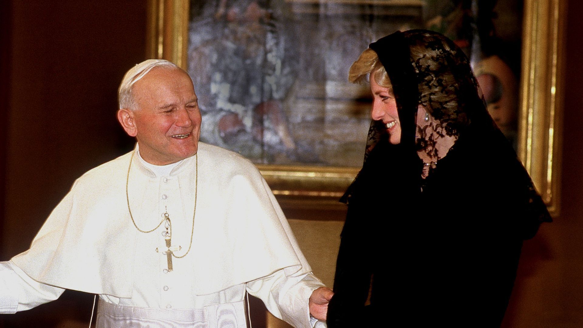 <p>                     Princess Diana met with Pope John Paul II at the Vatican in 1985 alongside Prince Charles. The princess wore a calf-length black lace dress by Catherine Walker and, in keeping with Vatican protocol, a black lace veil to cover her head. Enthralled by the impressive surroundings Diana and Charles returned later the same day to absorb the atmosphere and beauty of the Sistine Chapel. It’s reported that a request by the couple to attend a papal Mass was overruled by Buckingham Palace.                   </p>