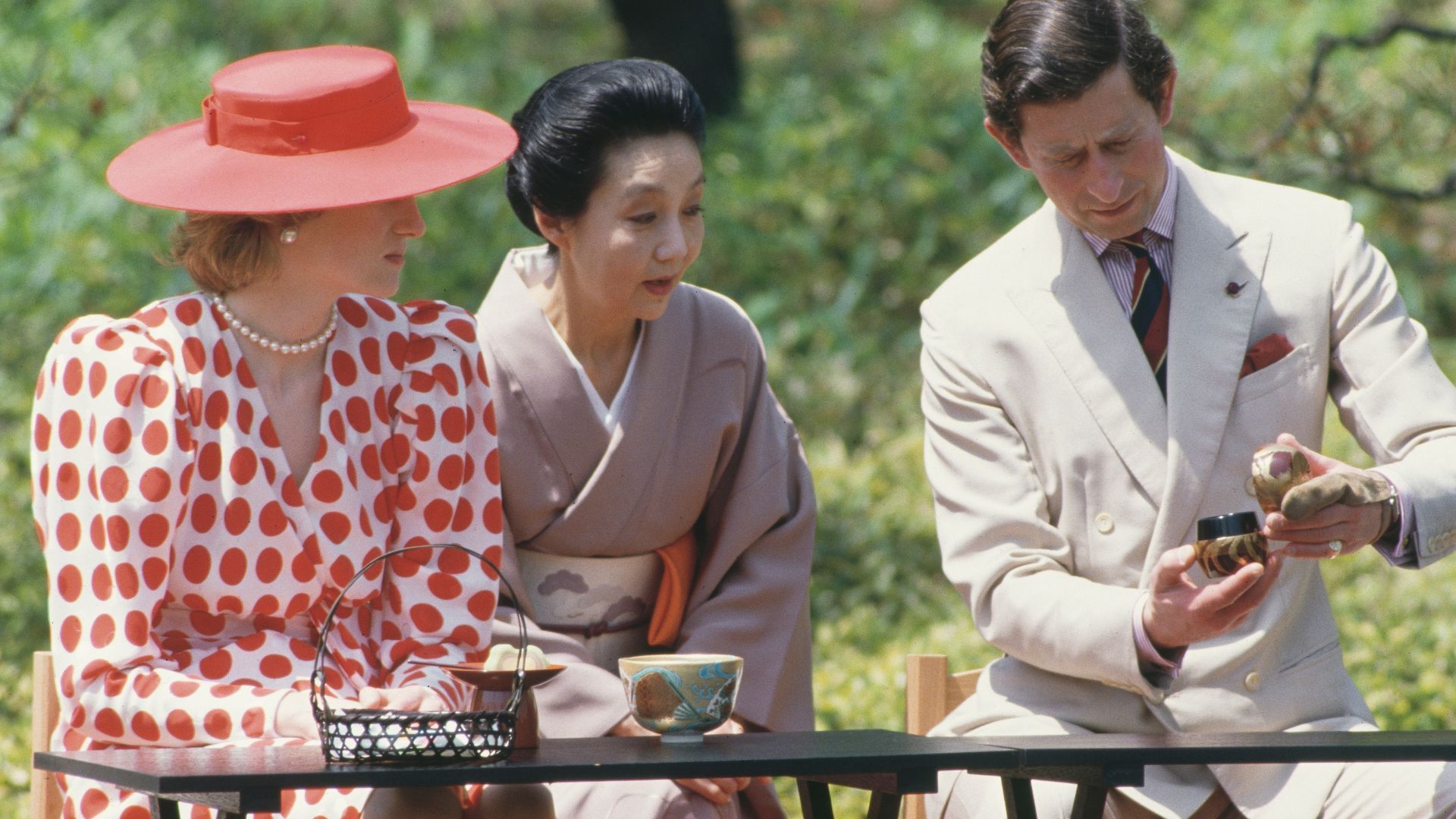 <p>                     A traditional Japanese tea ceremony with Prince Charles at Nijo Castle marked the start of a long Japanese love affair for Diana as she returned to the country twice more during her life. On this trip, in May of 1986, Diana sipped green tea and was gifted a peach-coloured kimono that took six months to craft. She also enjoyed visiting the Shugakuin Imperial Villa and taking a stroll in the colourful gardens.                    </p>