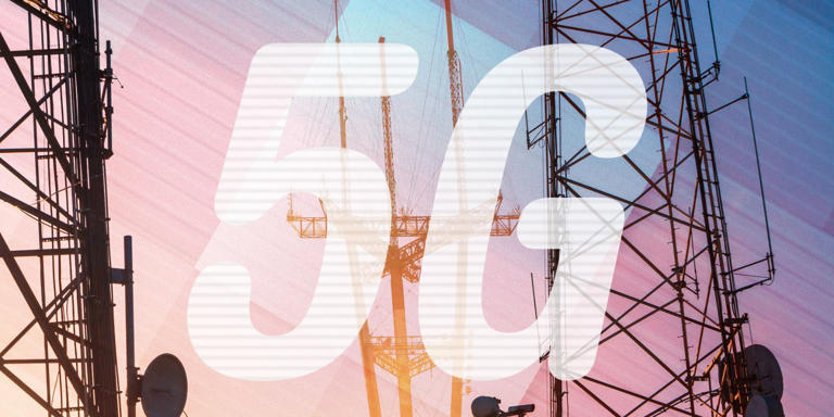 The text '5G' over an image of cellular towers