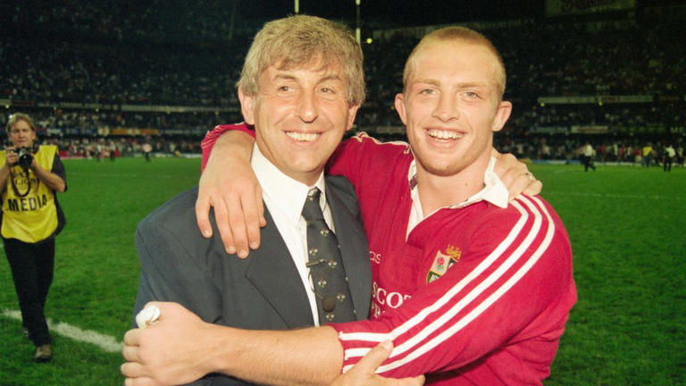 Sir Ian McGeechan (left) celebrates with Matt Dawson after the British and Irish Lions series win in South Africa in 1997