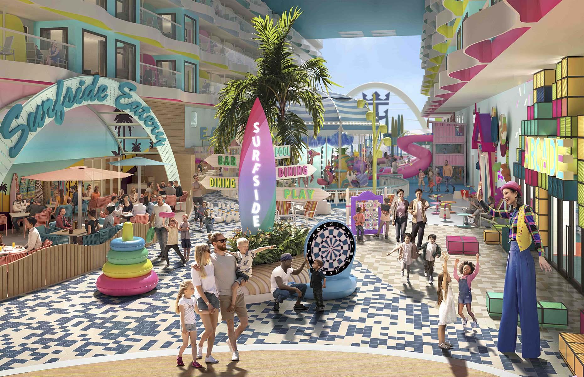 <p>The colorful Surfside neighborhood (pictured) is the ultimate hotspot for families.</p>  <p>Located on deck seven, activities include swimming areas appropriate for both babies and children, as well as a charming beach-themed carousel, arcades, and family-friendly events and eateries.</p>