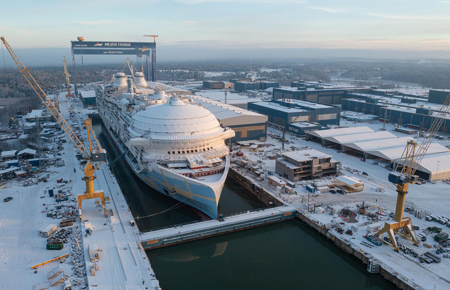 <p>Construction on <em>Icon of the Seas </em>began in 2021 at the Meyer Turku shipyard in Finland.</p>  <p>The juggernaut vessel is almost 1,200 feet long and weighs a staggering 250,800 gross tons, surpassing the measurements of all other cruise ships to date. To put that into some kind of perspective, <em>Icon</em> is around five times larger than the <em>Titanic</em>.</p>  <p>Unsurprisingly, its construction price tag was a dizzying $2 billion.</p>