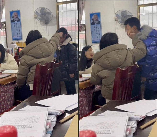女教師失控毆打學生影片在網路瘋傳。（圖／微博）