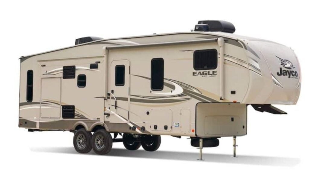 <p>The Eagle HT 255REOK is Jayco’s shortest towable fifth-wheel camper. It is towable with most half-ton trucks and the shorter length will allow you to fit in more state and national park campgrounds. </p><p>The kitchen and living room lie in the rear part of this small fifth wheel camper, which creates plenty of floor plan space for the master bedroom and bathroom in the front. Speaking of that bedroom, it features a queen-sized bed, TV, and his and hers nightstands and wards. </p><p><strong>If you plan on doing a lot of boondocking with this small fifth wheel trailer, you should upgrade to the 16” Goodyear tires to give it a little more ground clearance. </strong>The good news is that it is already equipped with a four-star handling package that makes it plenty capable of handling rough roads. </p><p>In terms of the interior living space, these are some of the best features the Jayco Eagle has to offer: </p><ul> <li>Standard Outside Kitchen with Optional TV</li> <li>Window in Bedroom Wardrobe Slide for Added Ventilation and Natural Light</li> <li>Central Command Center with Built-in Tank Monitoring</li> <li>Brushed Nickel Kitchen Faucet with Pull-Out Sprayer</li> <li>Gas/Electric RV Refrigerator with Freezer</li> </ul>
