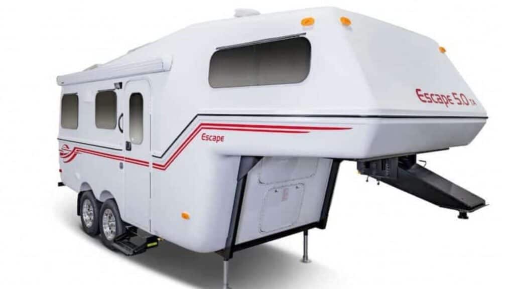 <p>The Escape Trailer 5.0 is one of the smallest 5th wheel campers and it certainly features one of the most unique designs. It is towable with a mid-size truck and is also available at a price point that is hard for other small 5th wheels to beat. </p><p>It can even work with short-bed trucks and has a lower center of gravity than most 5th wheels. That means it is less subject to being blown around on the road if you encounter high winds. It also boasts a full wet bath and separate sleeping and living areas. </p><p>Inside, some of the Escape’s notable features include: </p><ul> <li>Stainless Steel Kitchen Appliances</li> <li>6 Cubic-Foot 3-Way RV Refrigerator</li> <li>Custom Wood Interior with High-Grade Rolled Vinyl Flooring</li> <li>LED Captain’s Reading Lights On Both Sides of the Bed</li> <li>12,000 BTU Furnace</li> </ul>