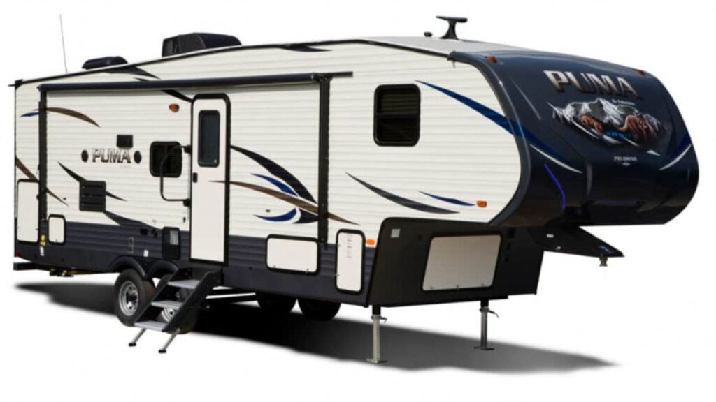 <p>My personal favorite part about the Palomino small 5th wheel trailer is that it comes with plenty of options for <a href="https://thewaywardhome.com/campfire-cooking-tools" rel="noopener"><strong>outdoor cooking</strong></a>. As someone who likes to take advantage of good weather as much as possible, outdoor cooking is essential for me when I am camping. </p><p>While it doesn’t come with these as standard options, you can add a micro kitchen with a cooking griddle at one of two locations on the passenger side of this camper. One option is directly in the center of the trailer and the other is closer to the front. </p><p>Because this small fifth wheel camper is equipped with a large powered awning with LED underneath lights, however, both of these locations will be shaded or protected from rain when you are cooking outside. </p><p>As far as the interior features go, these are a few that stood out during my review: </p><ul> <li>Floor Ducted Heat</li> <li>LED Ceiling Lights</li> <li>Undermount Stainless Steel Sink with Roll Up Stainless Steel Sink Covers</li> <li>Glass Range Cover</li> <li>11 Cubic Foot Residential-Style Refrigerator</li>  </ul>
