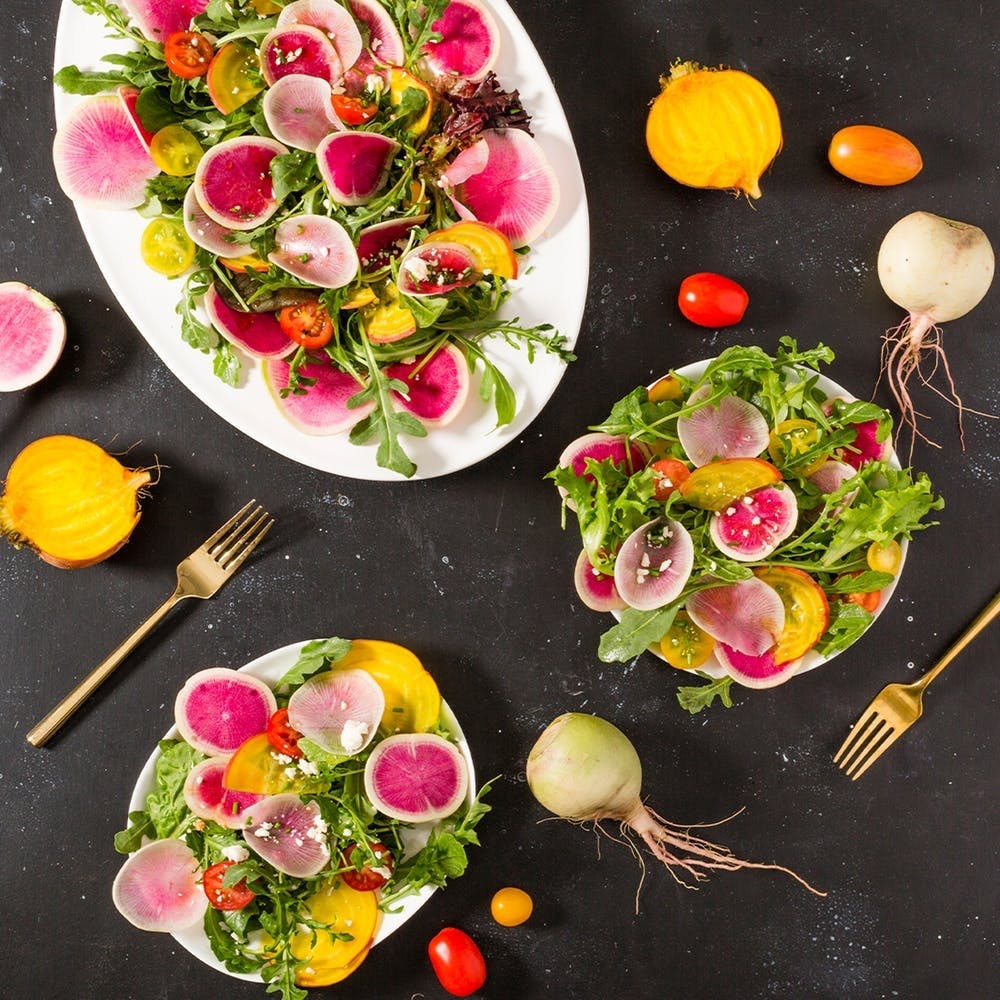 The best way to save time while making a dish is to skip the oven altogether — and that’s where salad comes in. Especially if that salad is as colorful as this one! The most difficult part of this beautiful recipe is using a microplane to slice all the root veg. (via Brit + Co.)