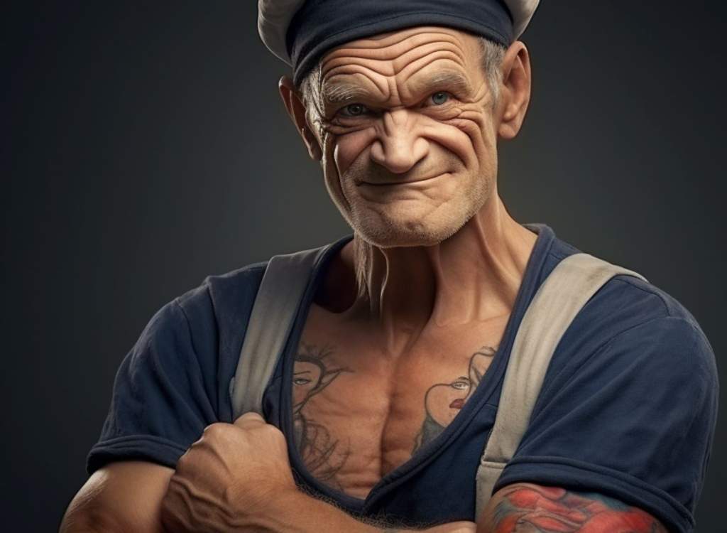 One of the older cartoon characters from this list is none other than Popeye the Sailor Man. We were first introduced to Popeye in 1929 -- nearly 100 years ago. The comic strip character eventually was played by Robin Williams in the live-action film <em>Popeye</em> (1980). One could make the strong argument that Popeye is an American institution. There are several ways in which A.I. could've taken this character. This depiction is one where the sailor is weathered from his days on the ocean. The furrowed brow is fully complemented with a sea of deep wrinkles, a steely gaze, and bulging neck veins. The outfit is quite apropos -- and we're even given an updated version with Popeye sporting some tattoos.