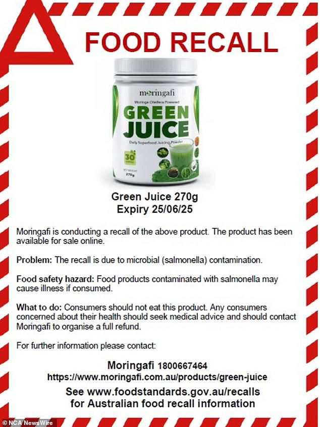 Moringafi green juice recalled due to a salmonella contamination