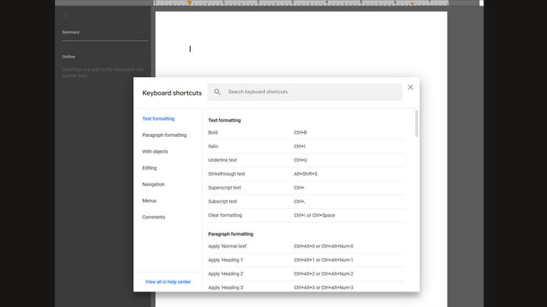 Google Docs Keyboard Shortcuts box