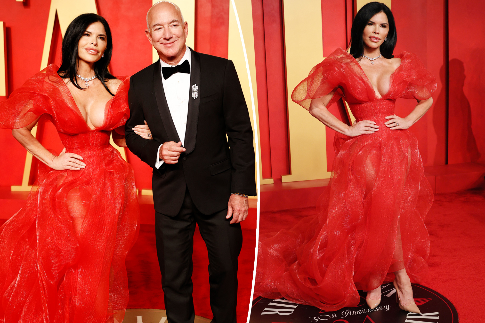 Lauren Sánchez sizzles in sheer, plunging red gown at 2024 Vanity Fair