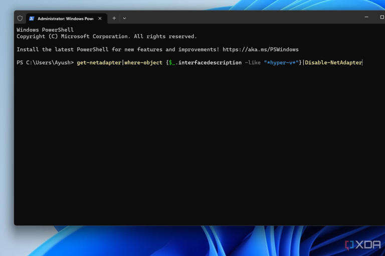 A screenshot depicting the command to disable Hyper-V net adapters.