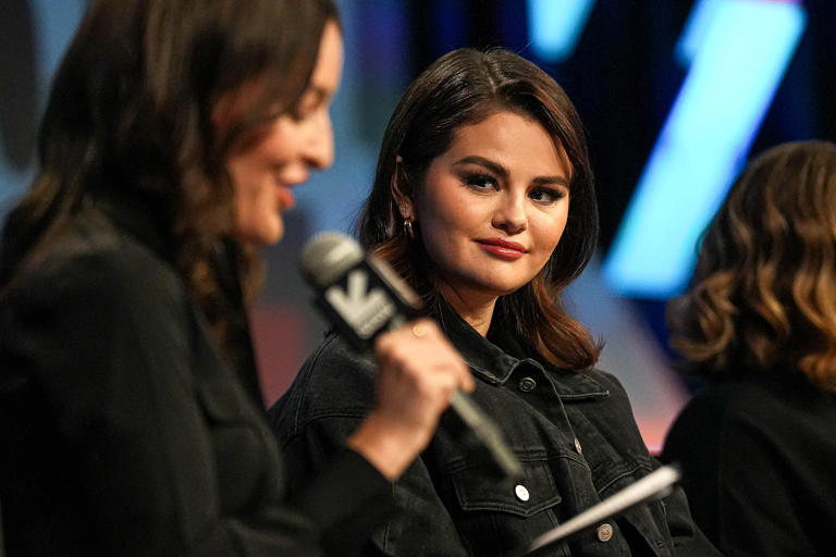 Selena Gomez, an actress and founder of the mental health website Wondermind, listens to comments from therapist Jessica Stern during South by Southwest at the Austin Convention Center on Sunday.