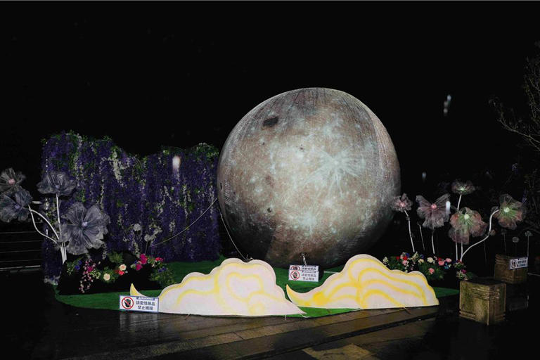 嘉義縣文化觀光局在瑞里源興宮廣場設置的巨型裝置藝術「浪漫紫藤星球」，11日晚上正式點燈亮相。（嘉義縣政府提供∕呂妍庭嘉義傳真）