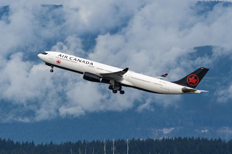 An Air Canada Airbus A330 jetliner (C-GKUG) airborne on departure from Vancouver International Airport, Richmond, B.C., on Thursday, Sept. 28, 2023.