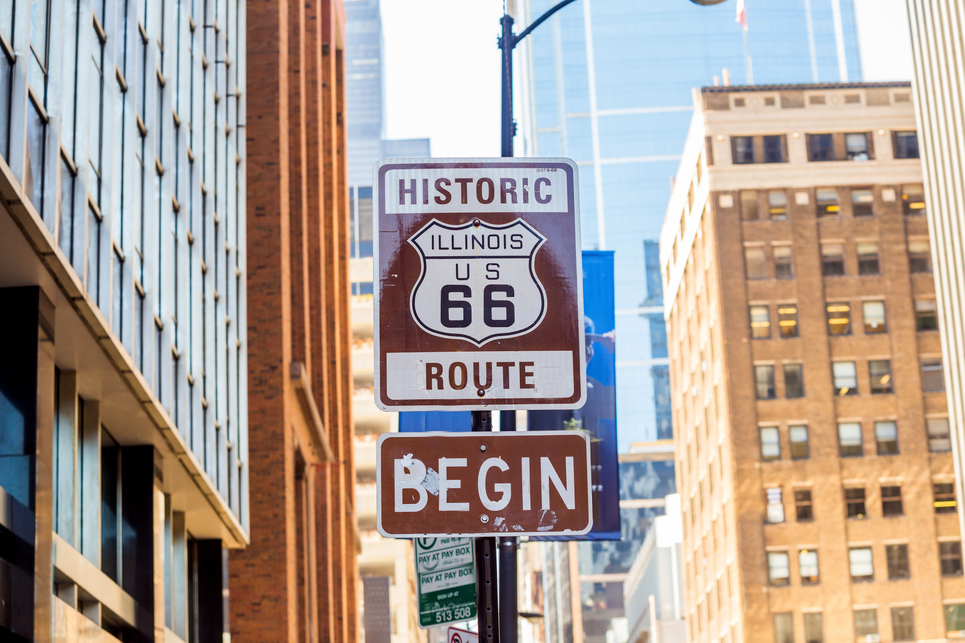 The beginning of historic Route 66, leading through the busy streets of Chicago.