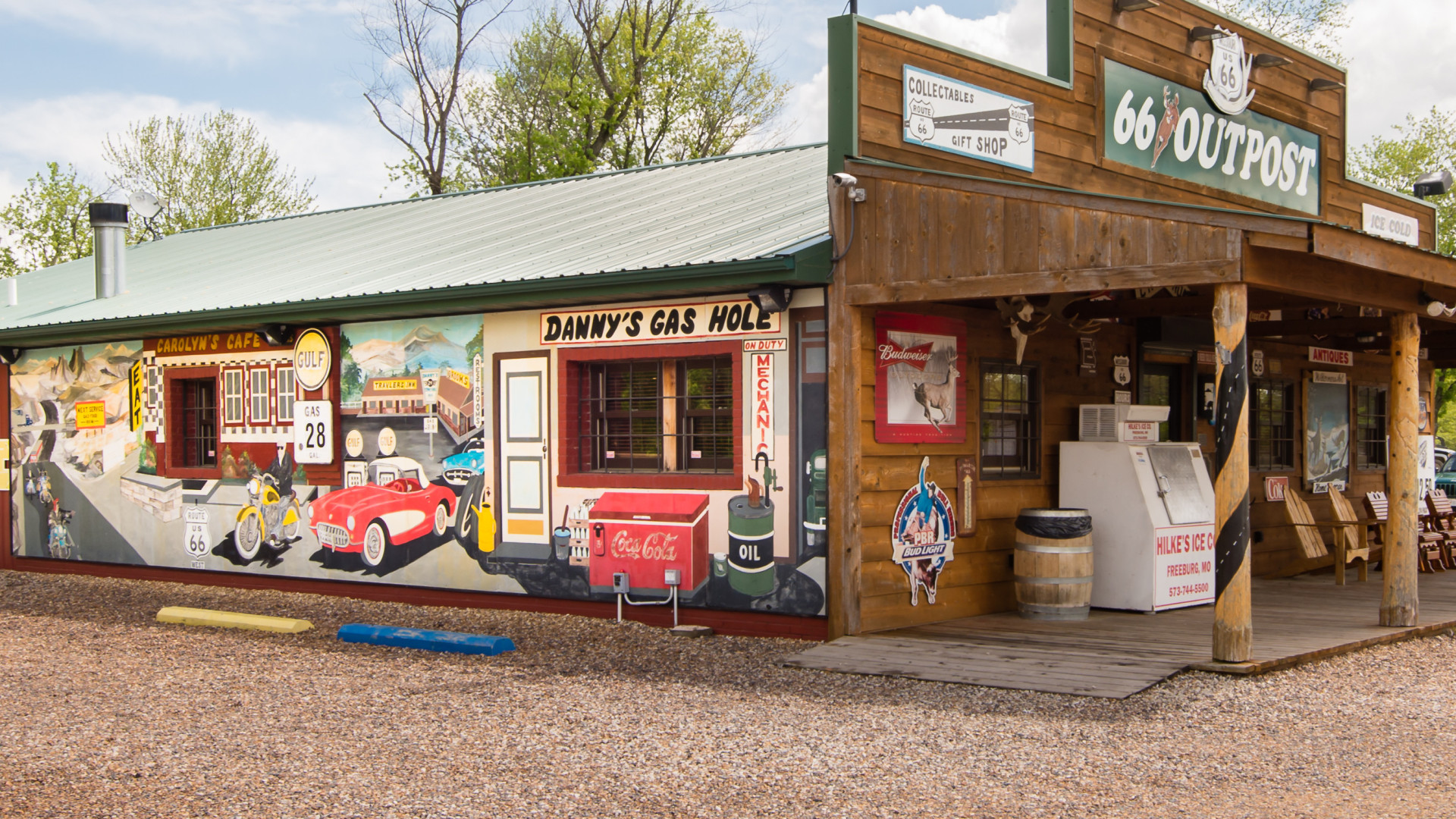 The iconic mural illustrating the facade of the Route 66 Outpost General Store, near Fanning.
