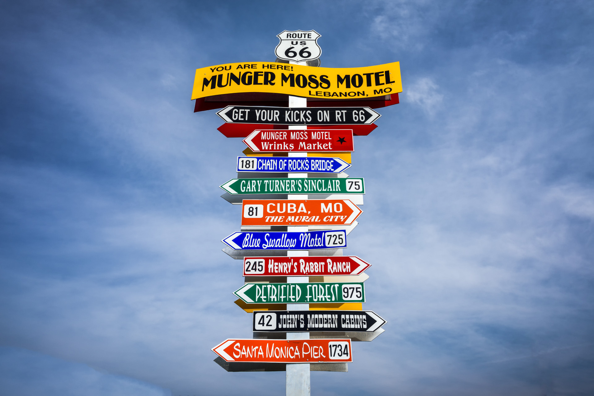 The eye-catching direction signpost at the Munger Moss Motel, Lebanon. It advertises the names of famous attractions on Route 66.