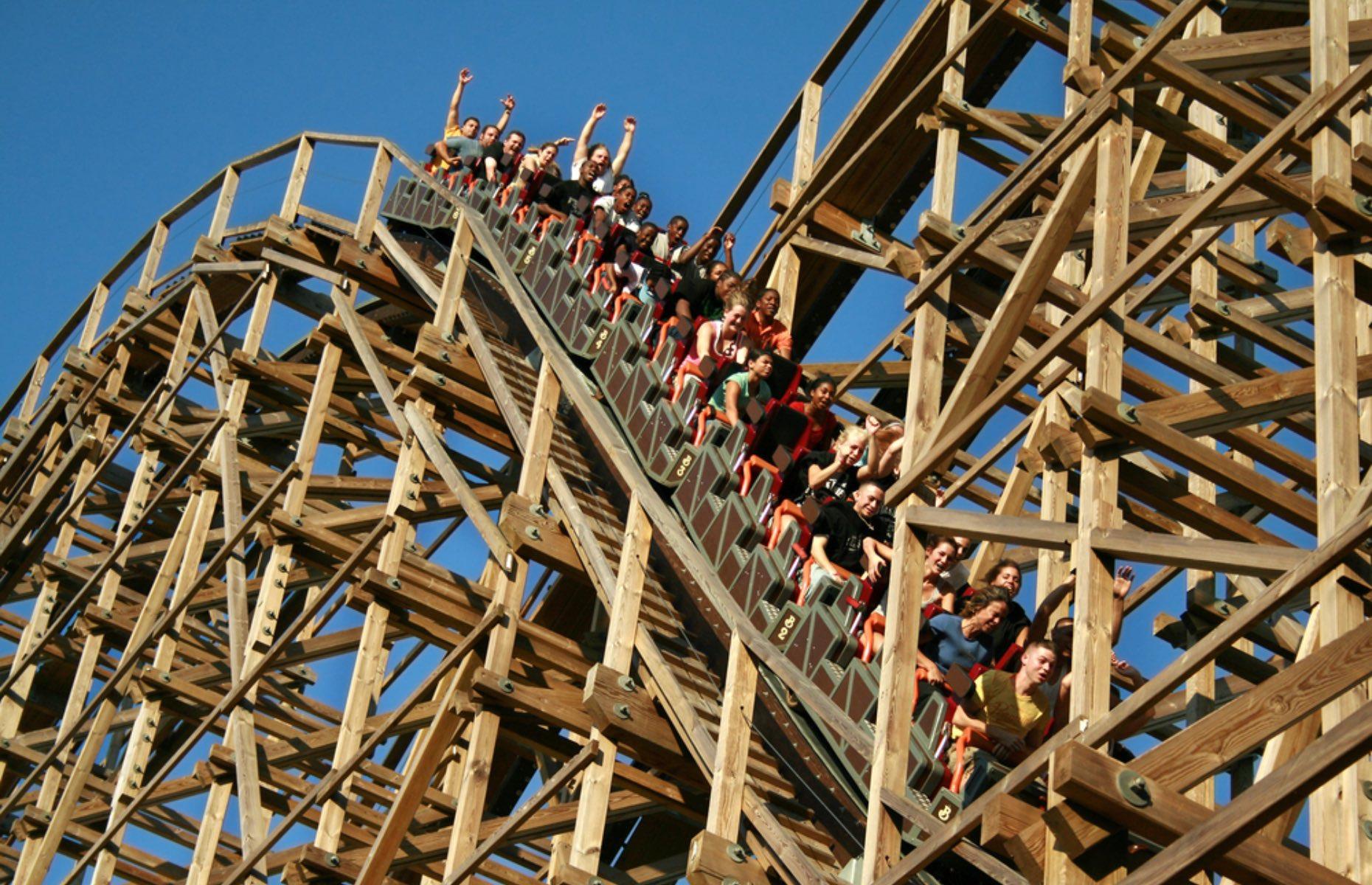<p>Switchback is the only wooden shuttle roller coaster in the world, meaning it can go backward and forward. During the quirky ride, the locomotive-themed trains make two journeys through an old grocery store, before completing the circuit backwards.</p>  <p>It also holds the record for the steepest angled drop of all wooden roller coasters at 87°.</p>