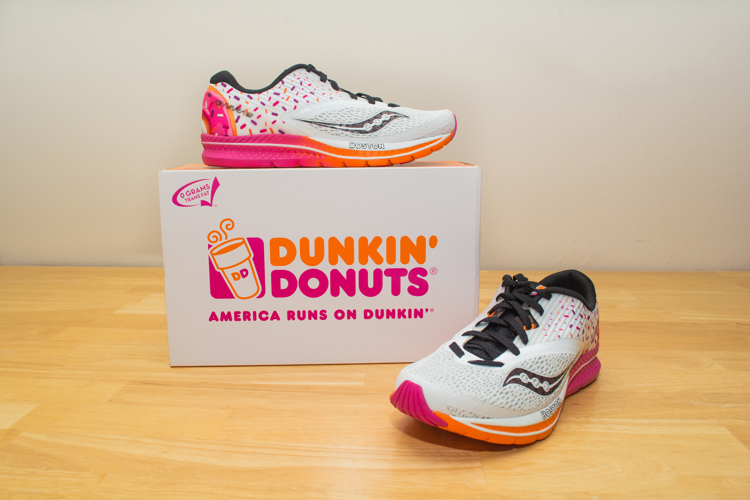 <p>In honor of the 122nd Boston Marathon in March 2018, Dunkin’ teamed with Massachusetts-based shoe designer Saucony to release a limited-edition sneaker. Not only did the Saucony x Dunkin' Kinvara 9 feature a strawberry-frosted aesthetic complete with rainbow sprinkles, but it came in a donut box-themed Dunkin’ shoebox. </p><p><a href='https://www.msn.com/en-us/community/channel/vid-cj9pqbr0vn9in2b6ddcd8sfgpfq6x6utp44fssrv6mc2gtybw0us'>Follow us on MSN to see more of our exclusive lifestyle content.</a></p>