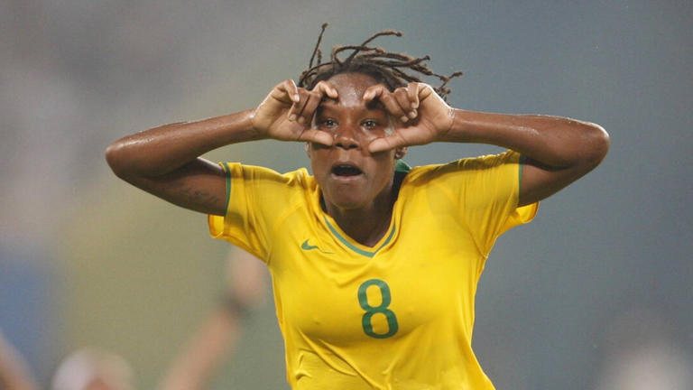 Formiga of Brazil celebrates her goal during the women's football semifinal match 23 between Brazil and Germany at Shangahi Stadium in Shanghai during the Beijing 2008 Olympic Games, China, 18 August 2008.