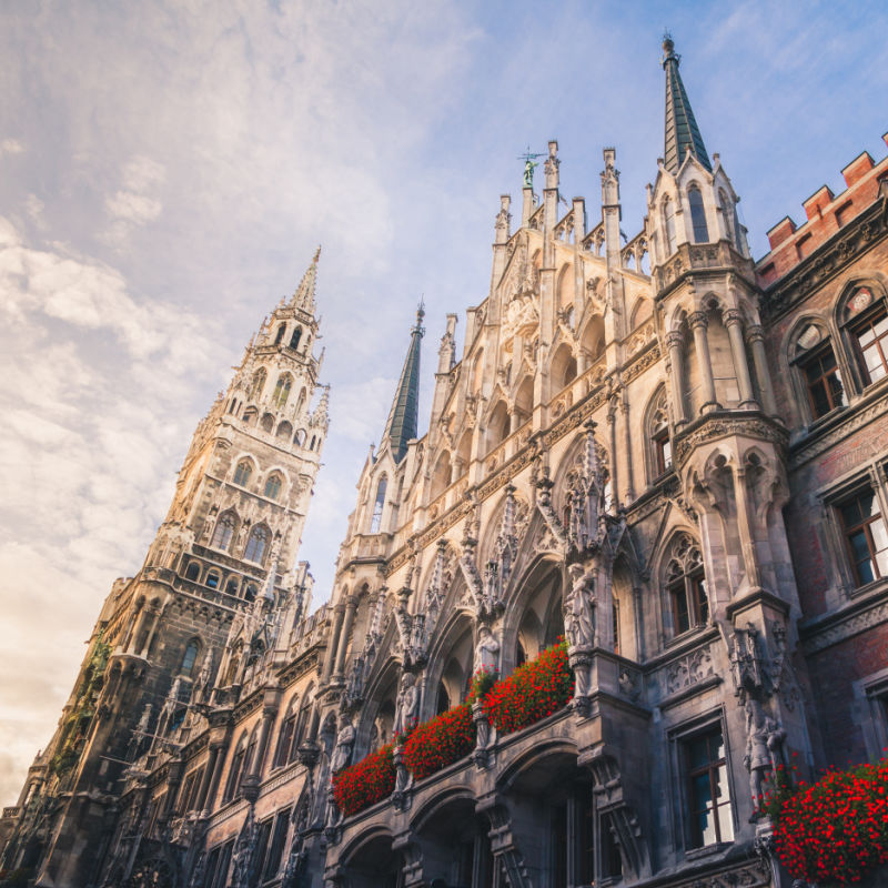view of the historic old buildings on marienplatz square in munich germany
