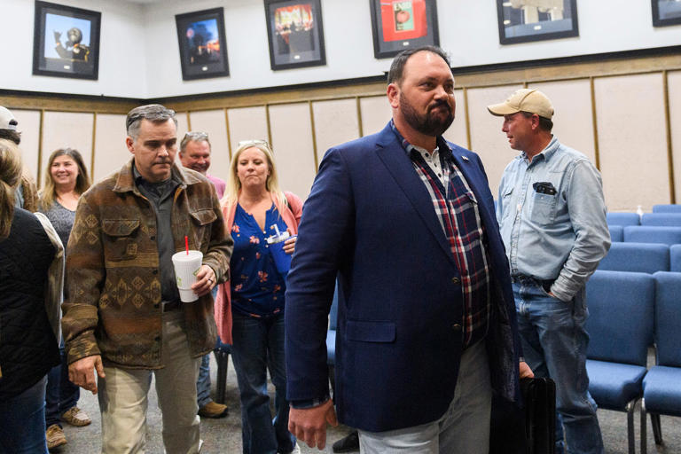 Blevins declined to answer a reporter's questions after a City Council meeting. (Michael Noble Jr. for NBC News)