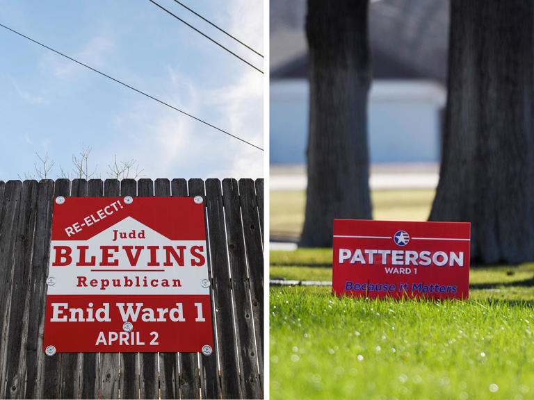 From the yard signs in Enid, it seems voters are split on who should win. (Michael Noble Jr. for NBC News)