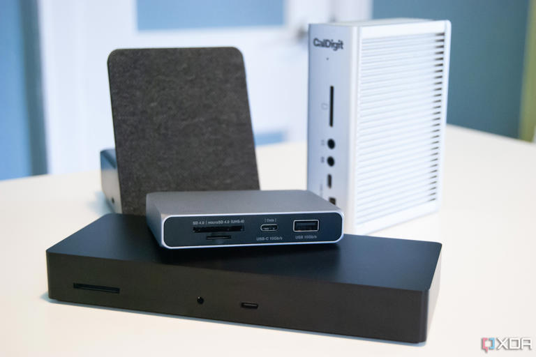 Assorted docking stations from CalDigit, Dell, and Razer