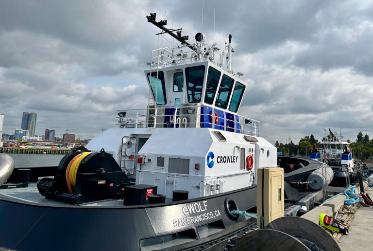 The 82-foot, all-electric eWolf tugboat sits dockside at the Tenth Avenue Marine Terminal at the Port of San Diego.